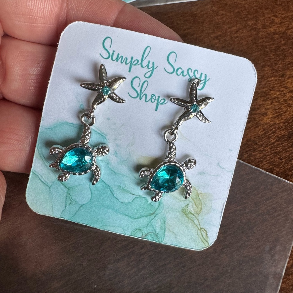 Silver Starfish and Turtle Earrings with Blue Gemstones